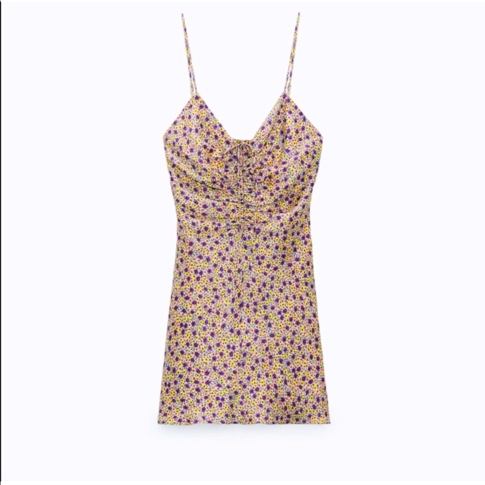 NWOT Zara Yellow Floral Draped Satin Effect Mini Dress